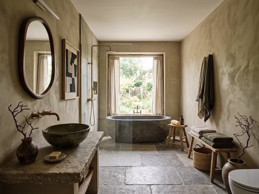 AI-generated wabi-sabi bathroom interior design: raw imperfect textures