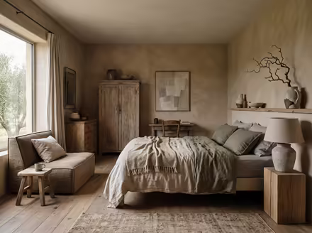 AI-generated wabi-sabi bedroom interior design: raw imperfect textures