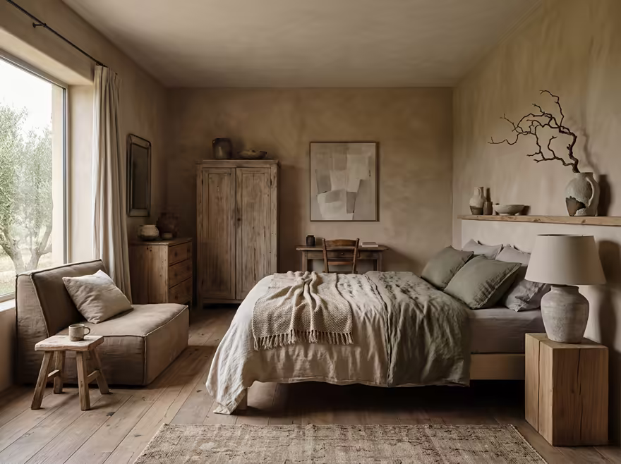 AI-generated wabi-sabi bedroom interior design: raw imperfect textures