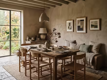 AI-generated wabi-sabi dining room interior design: raw imperfect textures