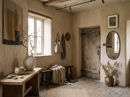 AI-generated wabi-sabi entryway interior design: raw imperfect textures