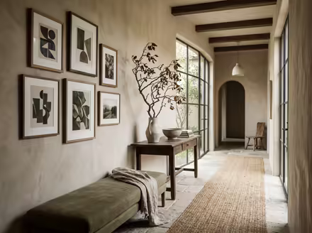 AI-generated wabi-sabi hallway interior design: raw imperfect textures