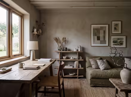 AI-generated wabi-sabi home office interior design: raw imperfect textures