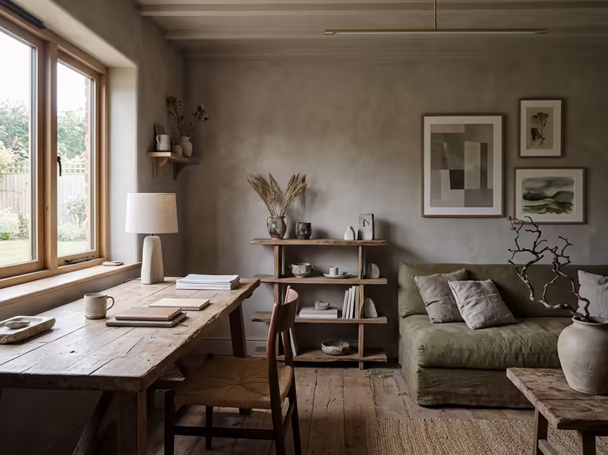 AI-generated wabi-sabi home office interior design: raw imperfect textures