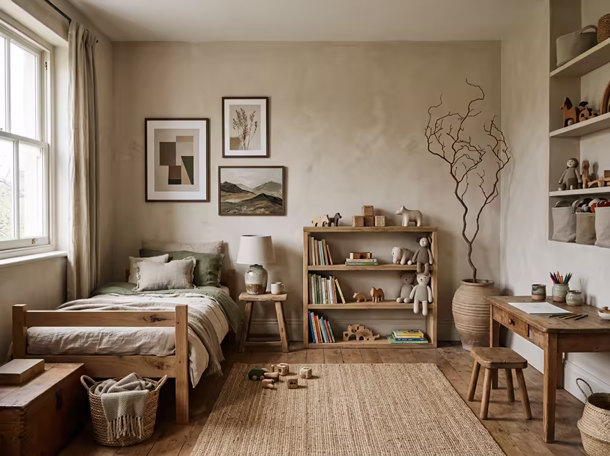 AI-generated wabi-sabi kids room interior design: raw imperfect textures
