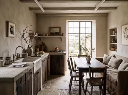AI-generated wabi-sabi kitchen interior design: raw imperfect textures