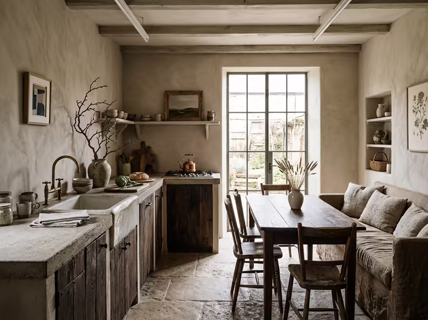 AI-generated wabi-sabi kitchen interior design: raw imperfect textures