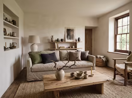 AI-generated wabi-sabi living room interior design: raw imperfect textures