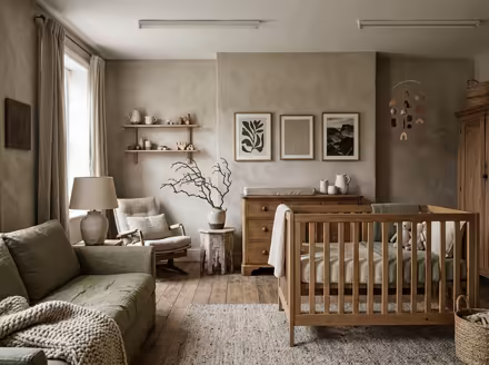 AI-generated wabi-sabi nursery interior design: raw imperfect textures