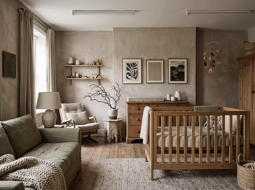 AI-generated wabi-sabi nursery interior design: raw imperfect textures