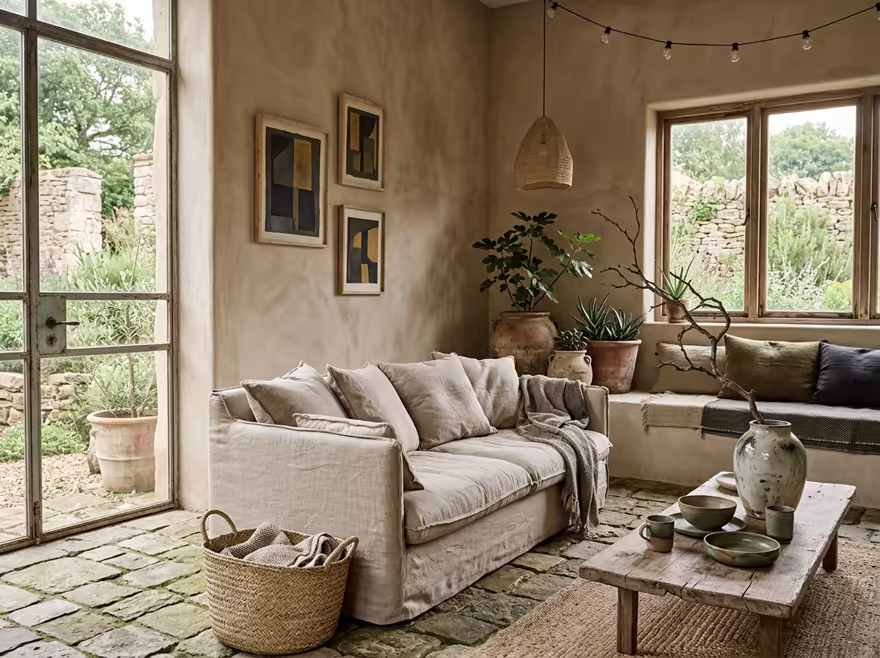 AI-generated wabi-sabi patio interior design: raw imperfect textures