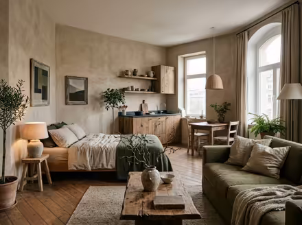 AI-generated wabi-sabi studio apartment interior design: raw imperfect textures