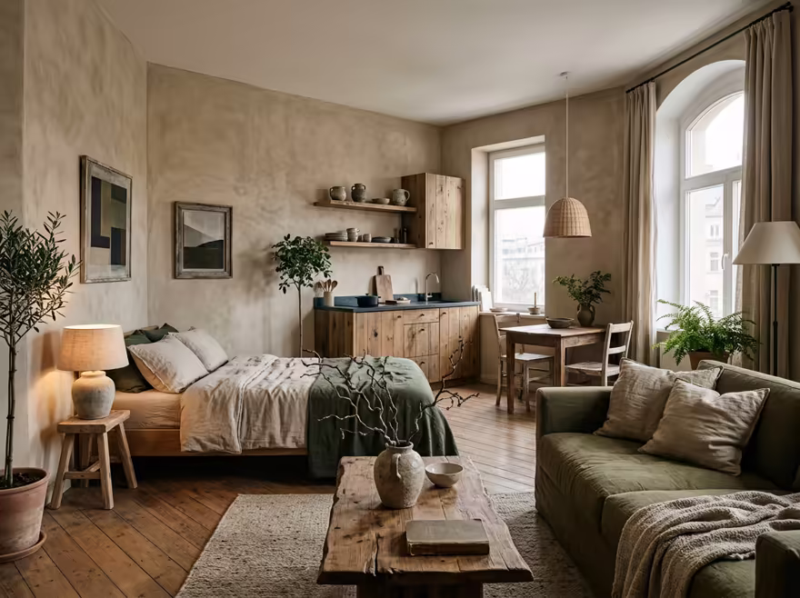 AI-generated wabi-sabi studio apartment interior design: raw imperfect textures