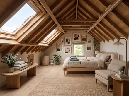 AI-generated wellness spa attic interior design: low-slung pale furniture