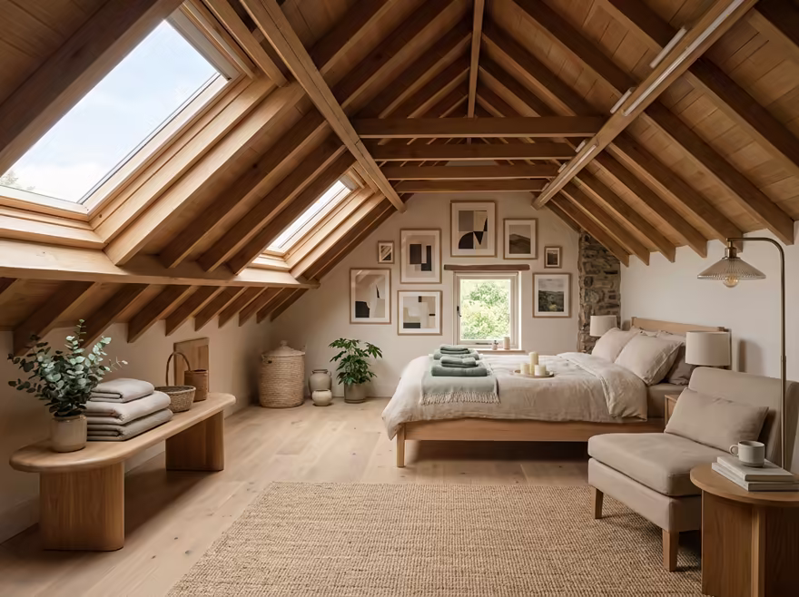 AI-generated wellness spa attic interior design: low-slung pale furniture