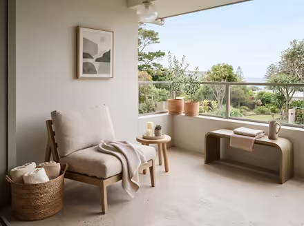 AI-generated wellness spa balcony interior design: low-slung pale furniture