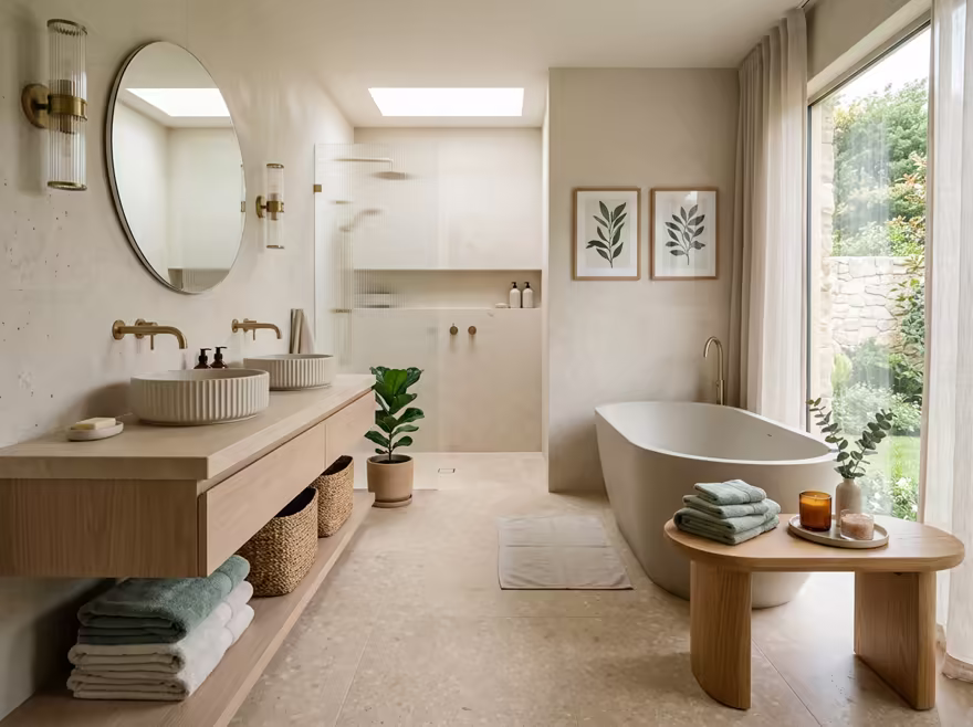 AI-generated wellness spa bathroom interior design: low-slung pale furniture