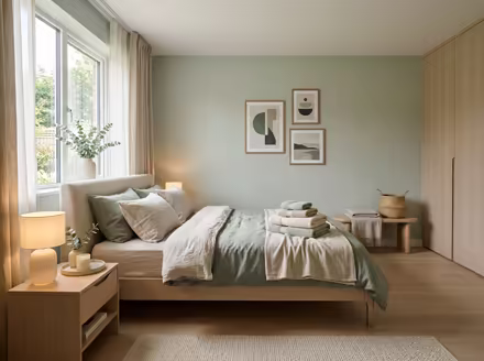 AI-generated wellness spa bedroom interior design: low-slung pale furniture