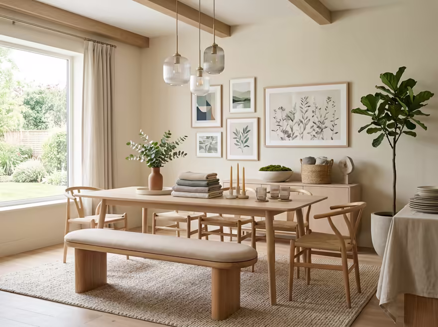 AI-generated wellness spa dining room interior design: low-slung pale furniture