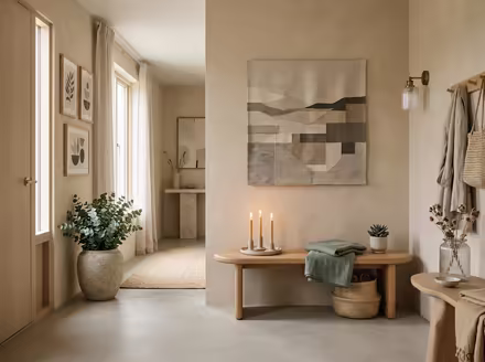 AI-generated wellness spa entryway interior design: low-slung pale furniture