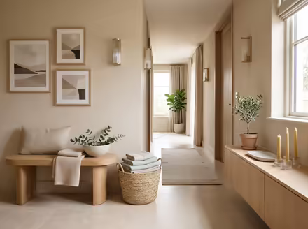 AI-generated wellness spa hallway interior design: low-slung pale furniture
