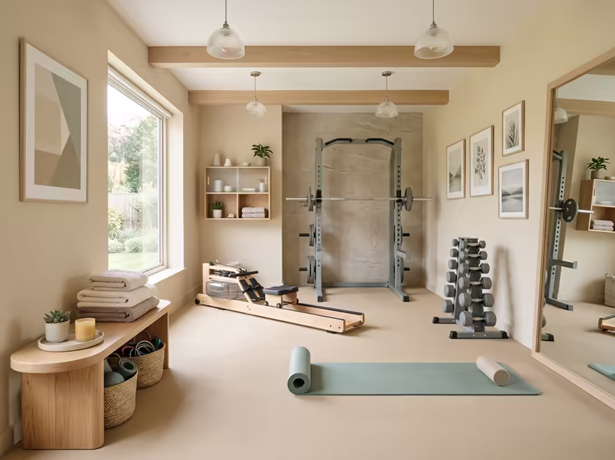 AI-generated wellness spa home gym interior design: low-slung pale furniture