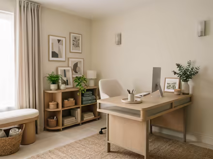 AI-generated wellness spa home office interior design: low-slung pale furniture