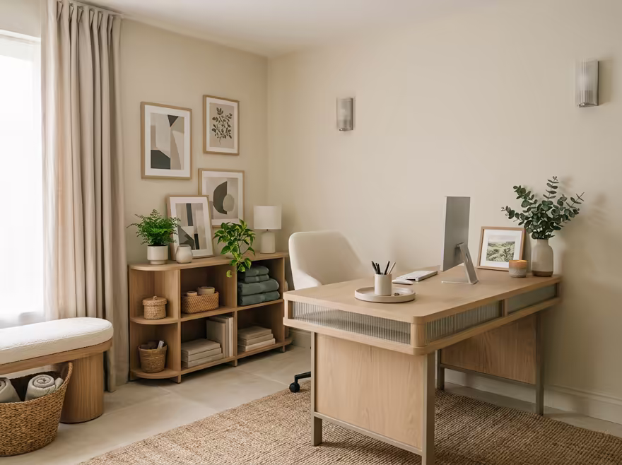 AI-generated wellness spa home office interior design: low-slung pale furniture