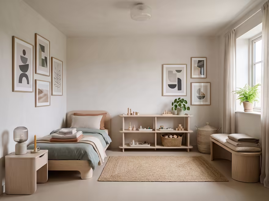 AI-generated wellness spa kids room interior design: low-slung pale furniture