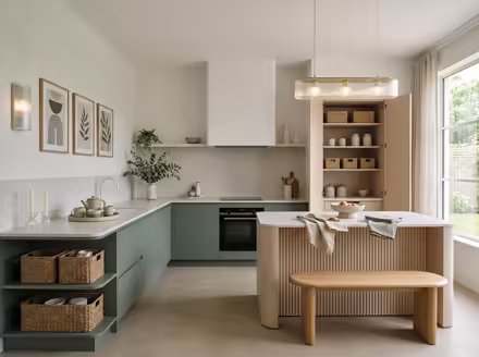 AI-generated wellness spa kitchen interior design: low-slung pale furniture