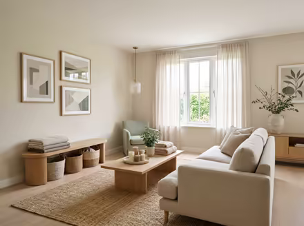 AI-generated wellness spa living room interior design: low-slung pale furniture