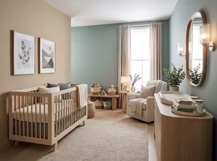AI-generated wellness spa nursery interior design: low-slung pale furniture