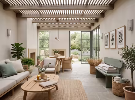 AI-generated wellness spa patio interior design: low-slung pale furniture