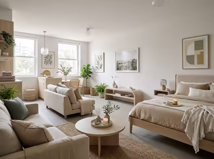 AI-generated wellness spa studio apartment interior design: low-slung pale furniture
