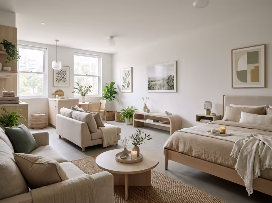 AI-generated wellness spa studio apartment interior design: low-slung pale furniture