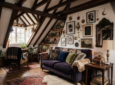 AI-generated whimsigoth attic interior design: a velvet sofa in inky plum