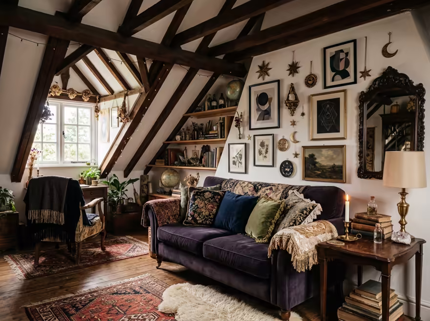 AI-generated whimsigoth attic interior design: a velvet sofa in inky plum