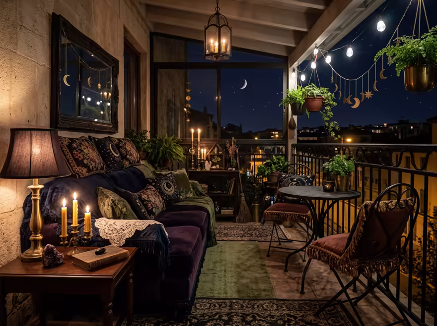 AI-generated whimsigoth balcony interior design: a velvet sofa in inky plum