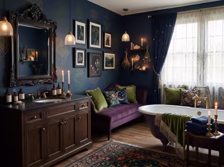 AI-generated whimsigoth bathroom interior design: a velvet sofa in inky plum