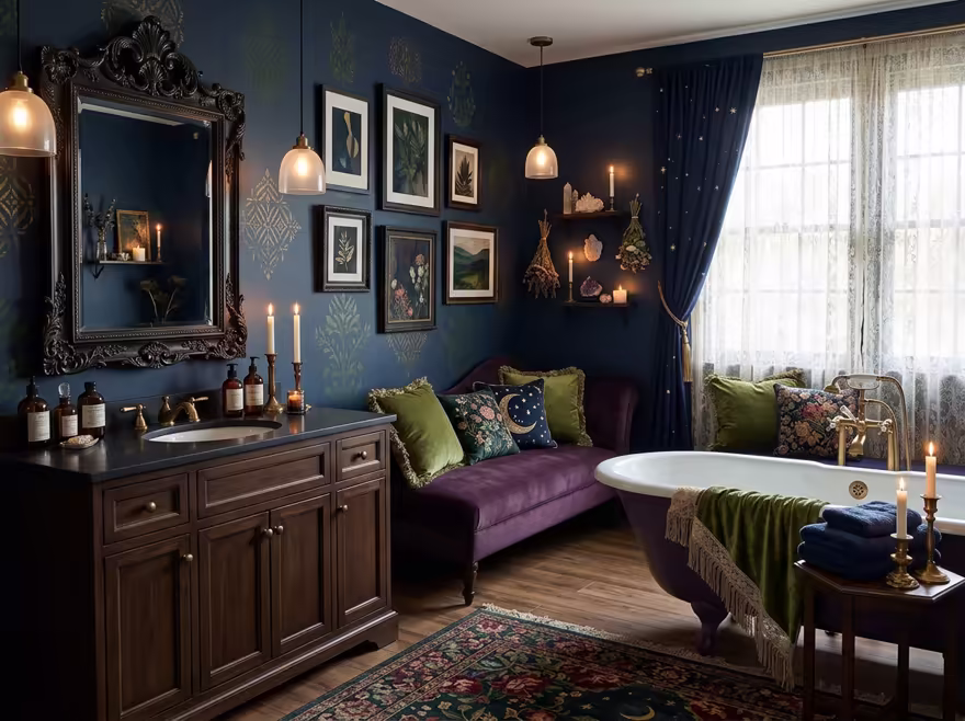 AI-generated whimsigoth bathroom interior design: a velvet sofa in inky plum