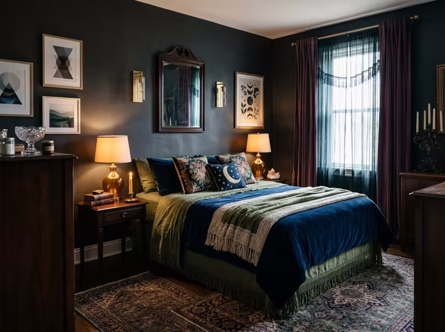 AI-generated whimsigoth bedroom interior design: a velvet sofa in inky plum