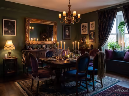AI-generated whimsigoth dining room interior design: a velvet sofa in inky plum