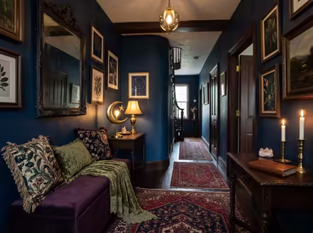 AI-generated whimsigoth hallway interior design: a velvet sofa in inky plum