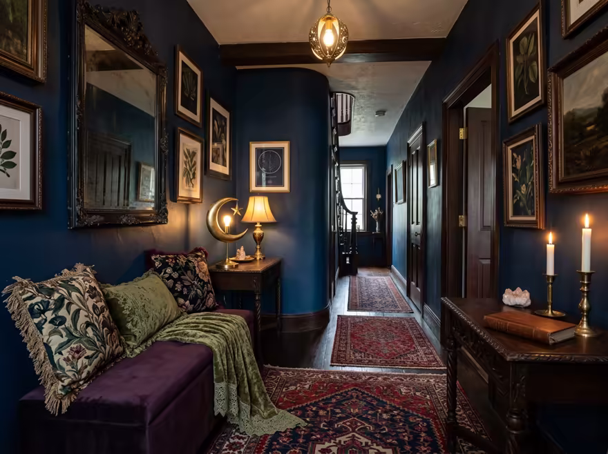 AI-generated whimsigoth hallway interior design: a velvet sofa in inky plum