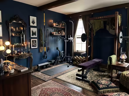 AI-generated whimsigoth home gym interior design: a velvet sofa in inky plum