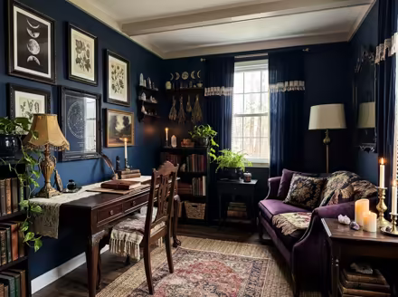 AI-generated whimsigoth home office interior design: a velvet sofa in inky plum