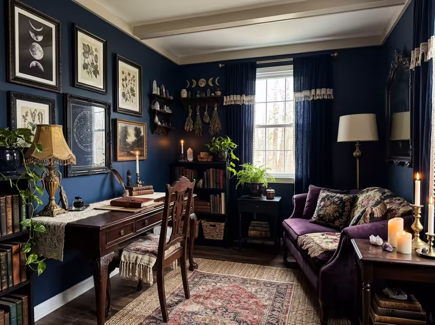 AI-generated whimsigoth home office interior design: a velvet sofa in inky plum
