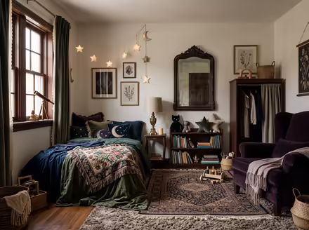 AI-generated whimsigoth kids room interior design: a velvet sofa in inky plum