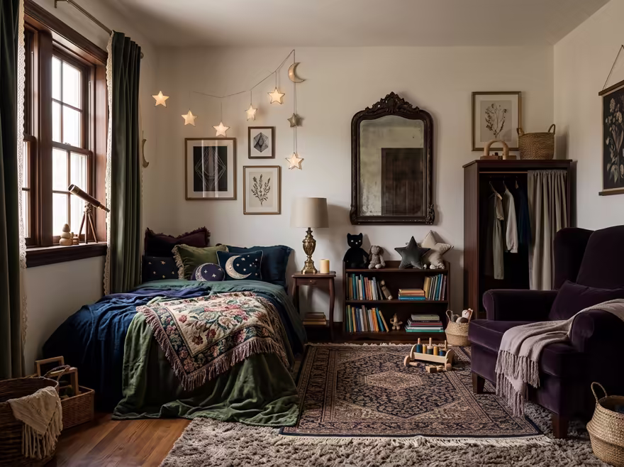 AI-generated whimsigoth kids room interior design: a velvet sofa in inky plum