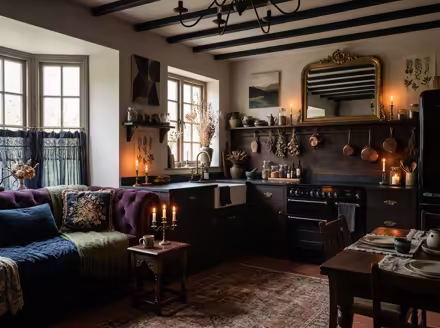 AI-generated whimsigoth kitchen interior design: a velvet sofa in inky plum